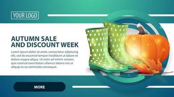 Autumn sale and discount week, banner with rubber boots and pumpkin vector