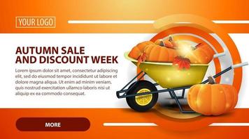 Autumn sale and discount week, banner with garden wheelbarrow vector