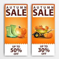 Autumn sale, banners with rubber boots, pumpkin, garden wheelbarrow vector