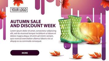 Autumn sale and discount week, banner with rubber boots and pumpkin vector