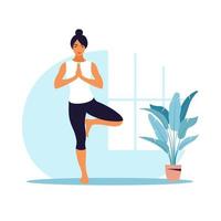 mujer joven practica yoga. práctica física y espiritual. vector