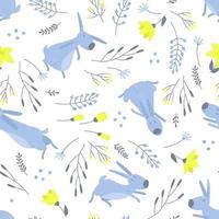 Seamless pattern with blue rabbits and floral motifs vector