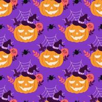 Pumpkin in a hat with a spider. Vector seamless pattern