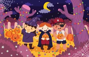 tres niños, truco o trato en la noche de halloween vector