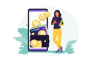 concepto de billetera digital. mujer paga con tarjeta mediante pago móvil. vector