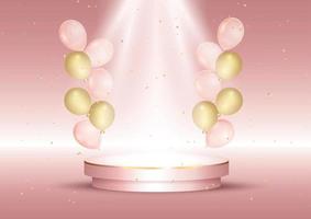 globos de colores pastel y podio de escenario rosa