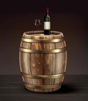 Vector wooden barrels of grapes wine with bottle and glass.