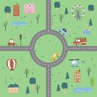 Kids city map of transport and road. Vector illustration.