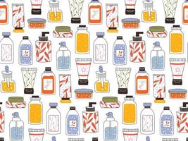 Seamless repeating pattern with cosmetics. A set of bottles and tubes vector