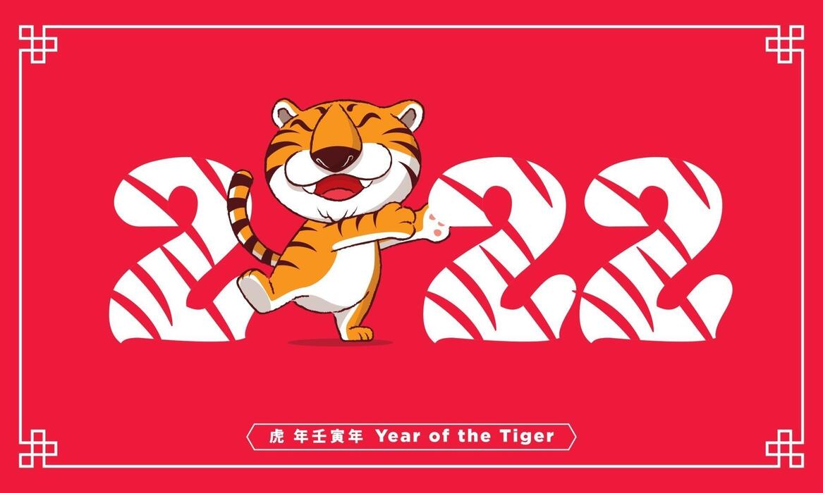 Happy Chinese New Year 2022. Cartoon cute tiger happy with 2022 sign
