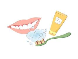 Vector illustration of a snow-white smile, toothbrush and paste.