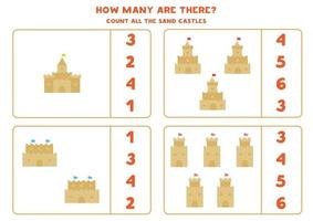 Counting game with cartoon sand castles. Math worksheet. vector