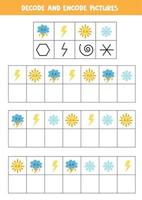 Decode and encode pictures. Write the symbols under weather pictures. vector