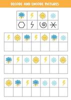 Decode and encode pictures. Write the symbols under weather pictures. vector