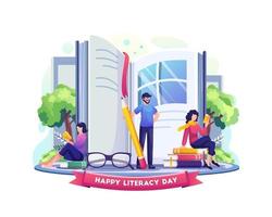 People celebrate literacy day with books illustration vector