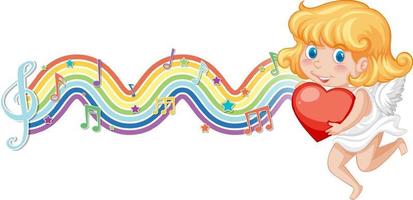 Cupid girl holding heart with melody symbols on rainbow wave vector