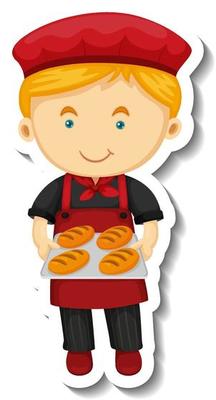 Sticker template with a baker boy holds baked tray isolated