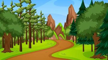 Forest scene with various forest trees and walkway lane path vector