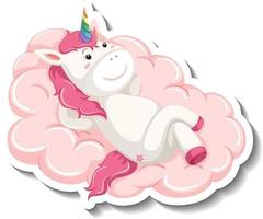 Lindo unicornio tendido en la nube sobre fondo blanco. vector