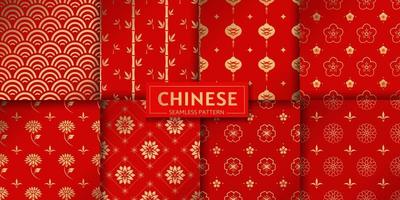 Chinese seamless pattern. Vector set. Floral, marine, geometric