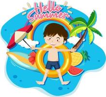 Hello Summer banner with a boy laying on swimming ring isolated vector