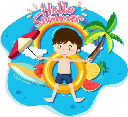 Hello Summer banner with a boy laying on swimming ring isolated