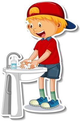 A sticker template with a boy washing hands with soap