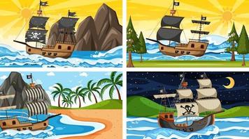 Set of different beach scenes with pirate ship vector