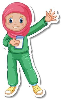 A sticker template with muslim girl in pajamas costume