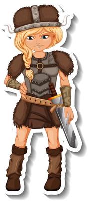 Sticker template with Viking warrior cartoon character isolated