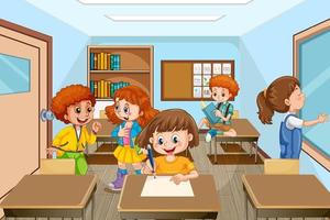 escena con muchos niños estudiando en el aula. vector