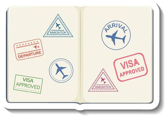 Opened passport with visa stamp cartoon sticker