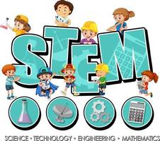 STEM logo with many children and learning icons vector