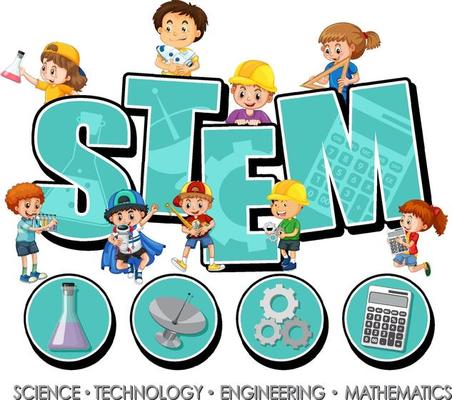 STEM logo with many children and learning icons