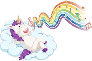 unicornio acostado en la nube con símbolos de melodía en la onda del arco iris vector