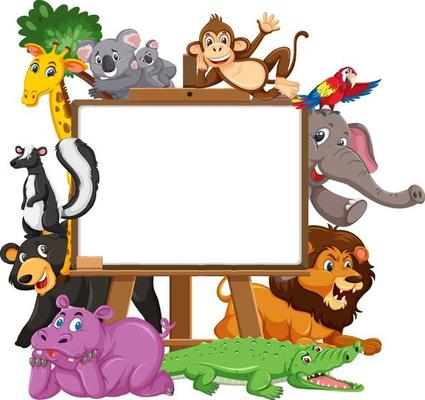 Empty wooden frame with various wild animals