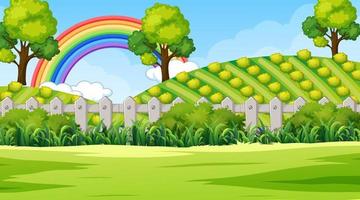 Nature park scene background with rainbow in the sky vector