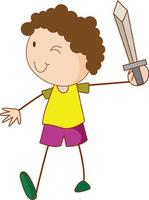 A doodle kid holding a sword cartoon character isolated vector