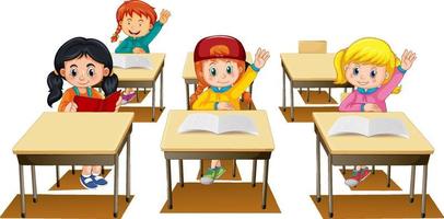 Students raising their hands on white background vector