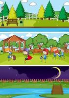 Different horizontal scenes with doodle kids cartoon character vector