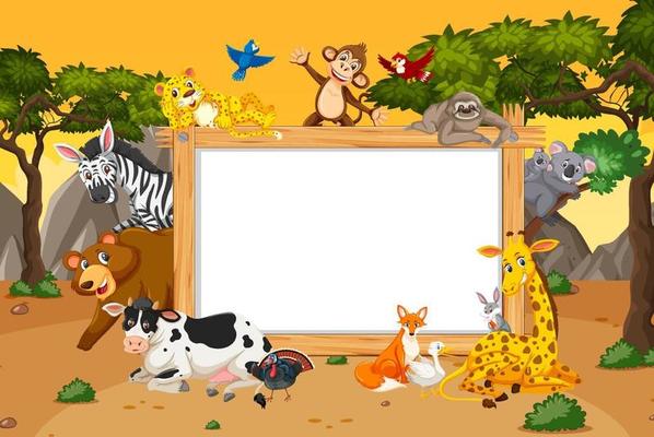 Empty wooden frame with various wild animals in the forest