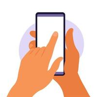 Man hand holding smartphone with blank white screen. vector