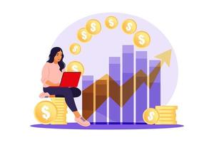 Investor woman with laptop monitoring growth of dividends. vector