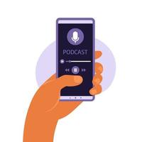 Cell phone app with podcast on screen smartphone. vector