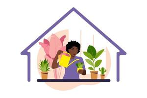 Stay home concept. Woman watering houseplants at home. vector