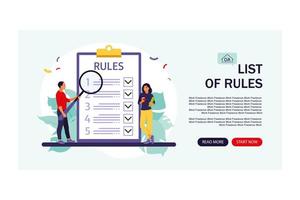 People studying list of rules, making checklist. Landing page. vector