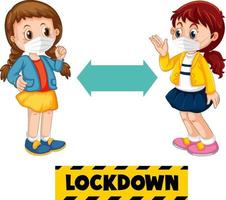 Lockdown font with two children keeping social distance vector