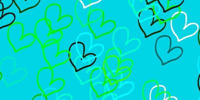 Light Blue, Green vector background with Shining hearts.