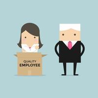 Businessman manager unpack a box of quality employee. vector
