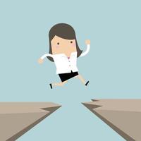 Businesswoman jump through the gap from one cliff to another. vector